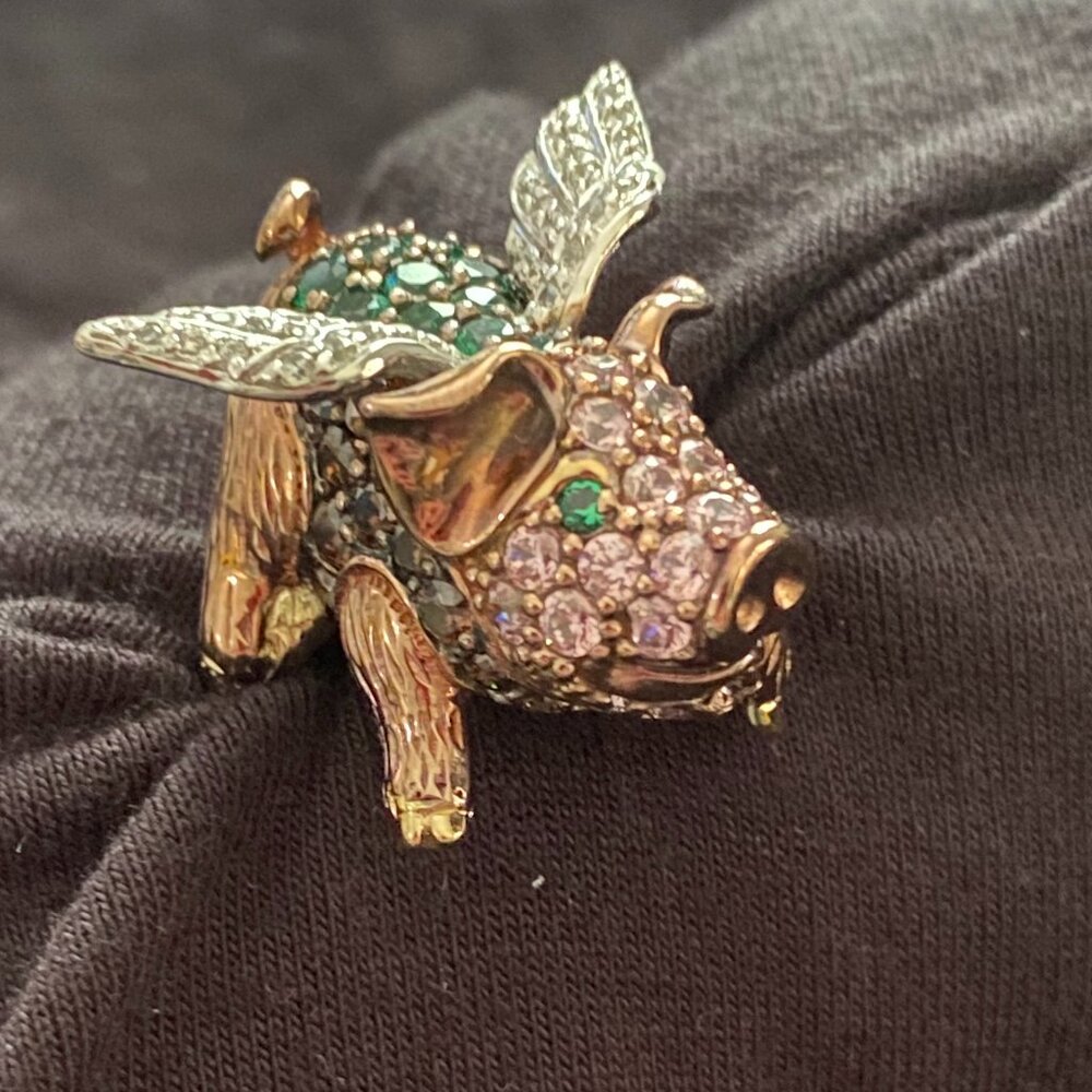 Flying Pig Ring.  14k gold embraced over Sterling Silver.  Size 7 to 7.5